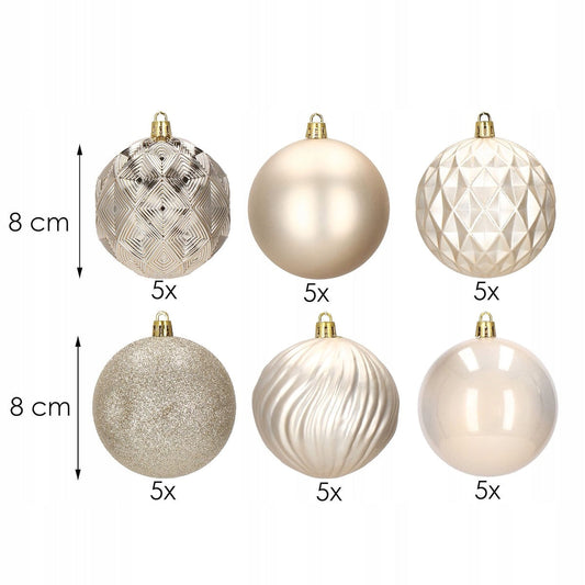 Set globuri de Craciun, 30 bucati, 6 modele, 8cm, auriu
