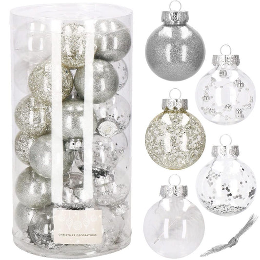 Set globuri de Craciun Inedit, 30 bucati, 6cm, transparente si argintiu