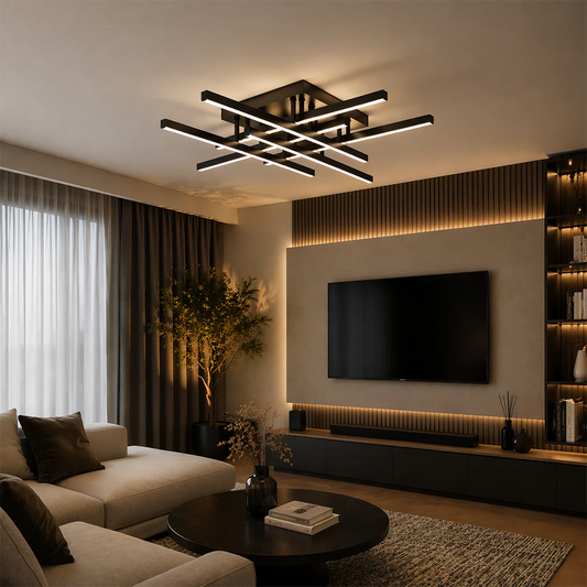 Lustra LED cu Telecomanda Aroldo, 63W, 6 Elemente, Liniara, lumina Rece/Calda/Neutra, Dimabila, Negru