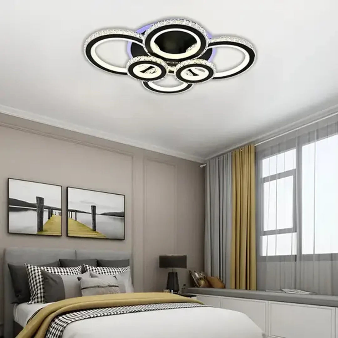 Lustra LED NOVA Rotonda cu Cristale, 6 Surse de Lumina, RGB, cu Telecomanda, 154W, Negru & Inox