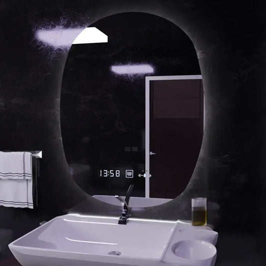 Oglinda LED Ovala, 60x80cm, Ranya Senzor MotionGlow Marcello, Sistem Dezaburire, Ceas & Termometru, Dimabila – oglindă L