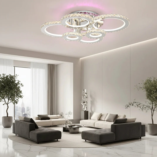 Lustra LED cu telecomanda si cristal NOVA ROTONDA RGB, 152W, 6 Cercuri, lumina Rece/Calda/Neutra, Dimabila, Crom Lucios