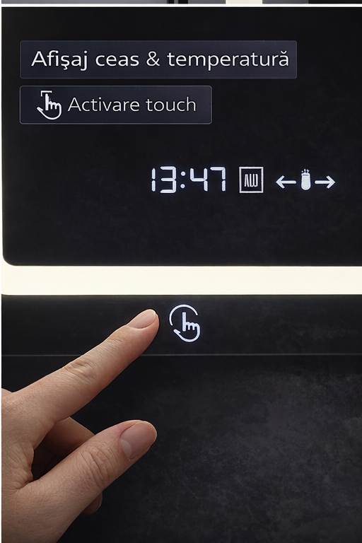 Oglinda LED Rectangulara, 60x80cm, Eclat MotionGlow Marcello, Ceas & Termometru, Sistem Dezaburire, Lupa Cosmetica, Dimabila
