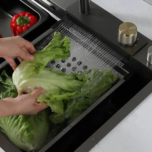 Set Chiuveta Bucatarie Inox cu Baterie Dubla, Cuva Perforare Legume/Fructe, Cuva Universala cu Dop Scurgere, Tocator, Ne