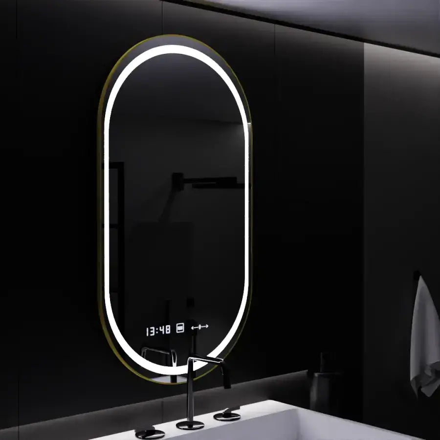 Oglinda LED Ovala, 50x80cm, Roven Senzor MotionGlow Marcello, Sistem Dezaburire, Ceas & Termometru, Dimabila – oglindă L