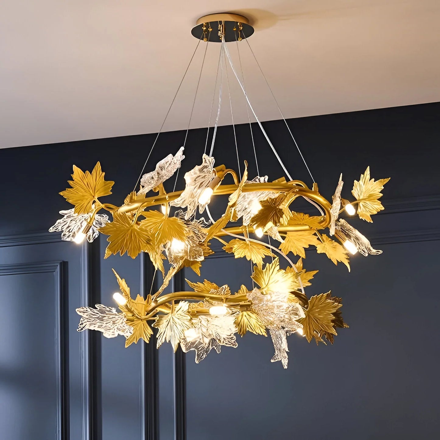 Candelabru Modern, CM260/400+800GD, 12xE14, Diametru 80cm, Auriu, Inaltime Reglabila, Metal si Cristal