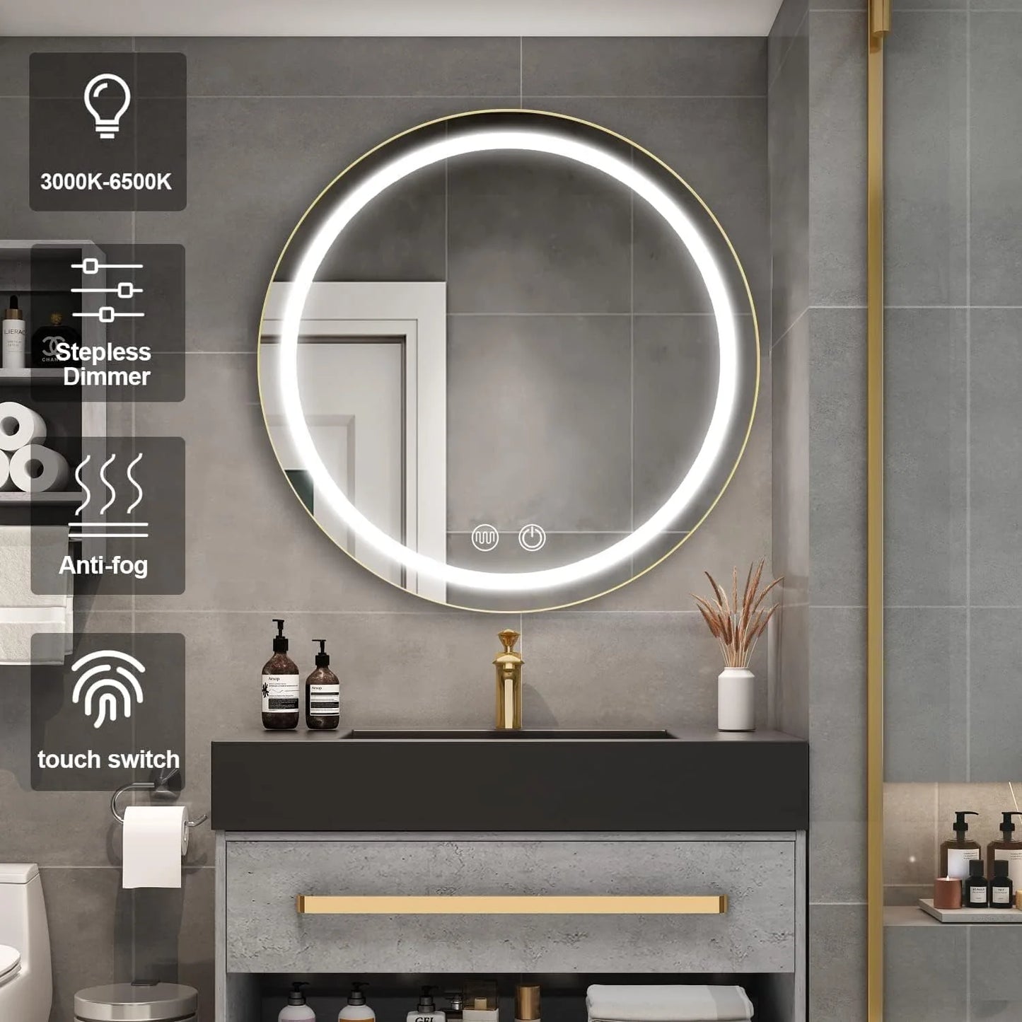 Oglinda LED cu Dulap, Rotunda, 50x50cm, Dezaburire, Rama Neagra, Spatiu de Depozitare