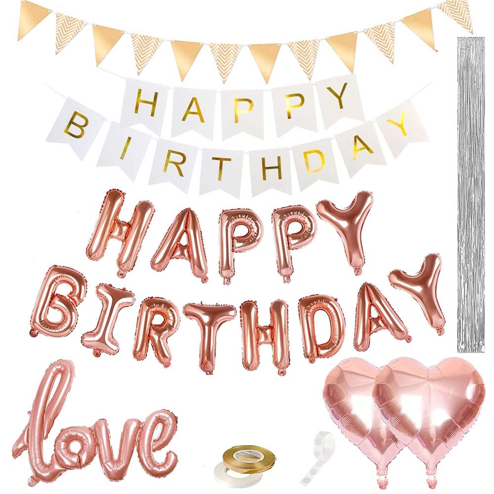 Set 48 baloane si decoratiuni, Happy Birthday, argintiu, roz