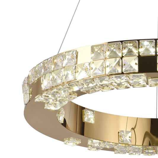 Lustra LED cu Telecomanda, LLC135/2GD, Cristal si Metal, 55W, 2 Cerc, Dimabila, Inaltime Reglabila, Lumina Rece/Calda/Neutra 3000K/4000K/6000K, Iluminat Luxos