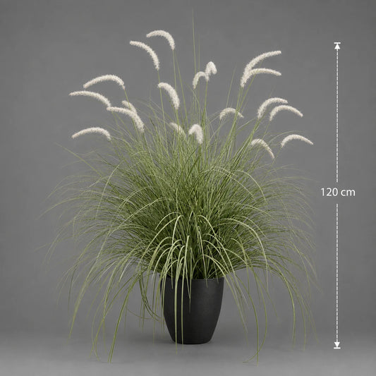Planta Artificiala Iarba Ornamentala Tip Coada de Vulpe, 120cm, Iarba curbata si Spice, Verde si Alba, Fara Ghiveci