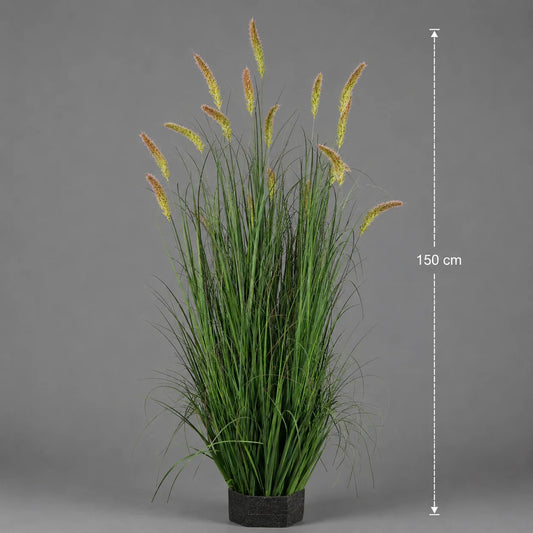 Planta Artificiala Iarba Ornamentala Tip Coada de Pisica, 150 cm, 17 tulpini, iarba curbata si spice, Verde, Fara Ghiveci