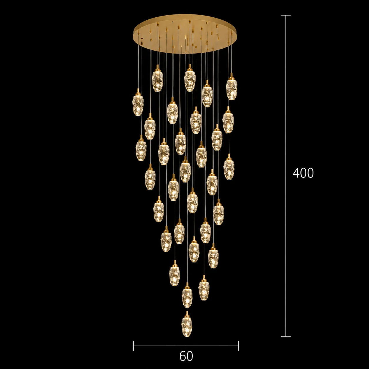 Candelabru Cristal AROHA LED cu Telecomanda, Suspendat, 30 Surse, 90W, Lumina Calda/Neutra/Rece, Diametru 60cm, Inaltime Reglabila, Auriu, Metal si Cristal