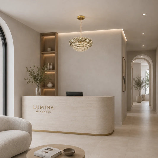 Candelabru Cristal BANO Regalis, 108W, 9xE14, Lumina Rece/Calda/Neutra, Inaltime Reglabila, Metal si Cristal, Auriu