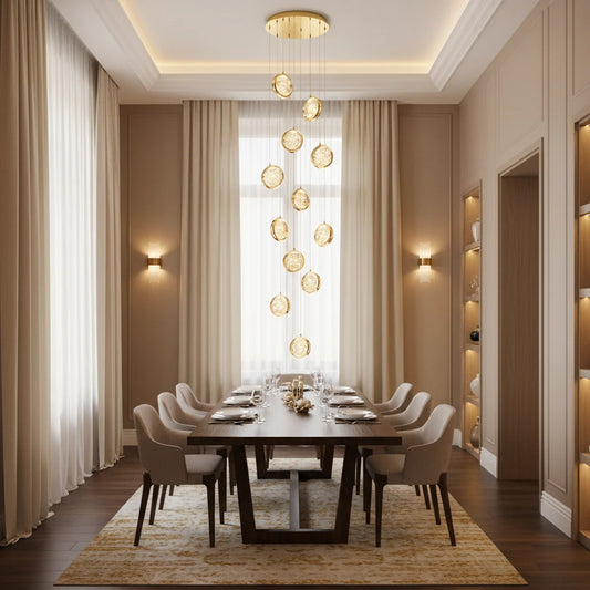 Candelabru Cristal FRAME LED cu Telecomanda, Suspendat, 12 Surse, 36W, Diametru 40cm, Lumina Calda / Neutra / Rece, Inaltime Reglabila, Auriu, Metal si Cristal
