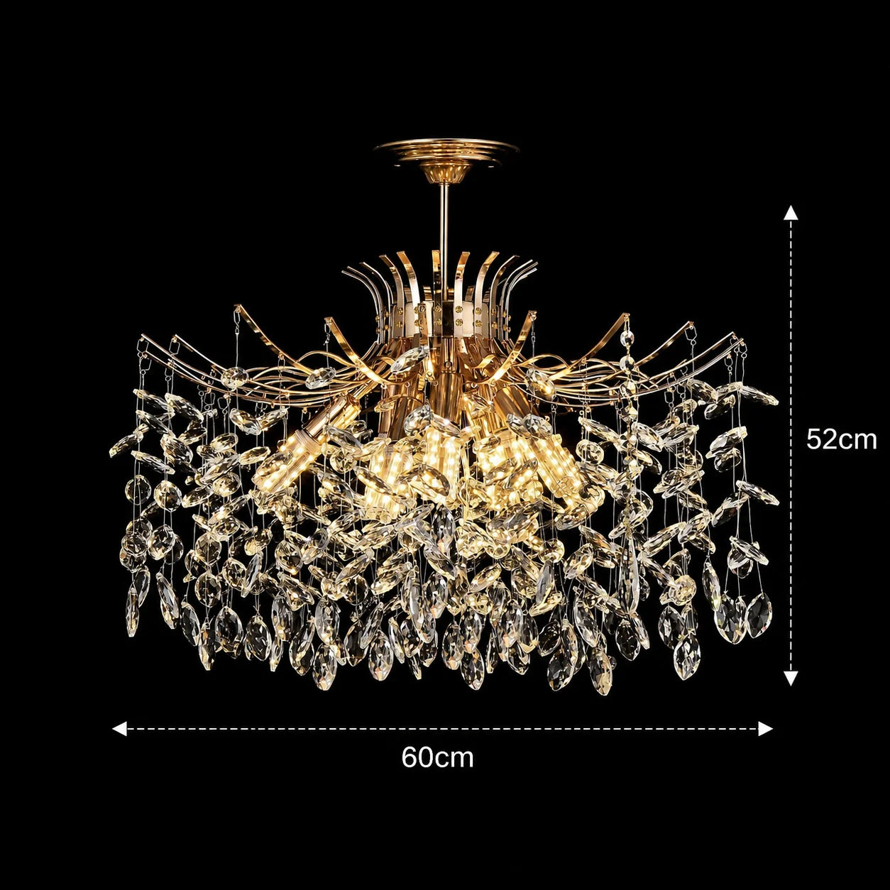 Candelabru Cristal PROWES Magno, 10xE14, D60 cm, Auriu, Inaltime Reglabila, Metal si Cristal