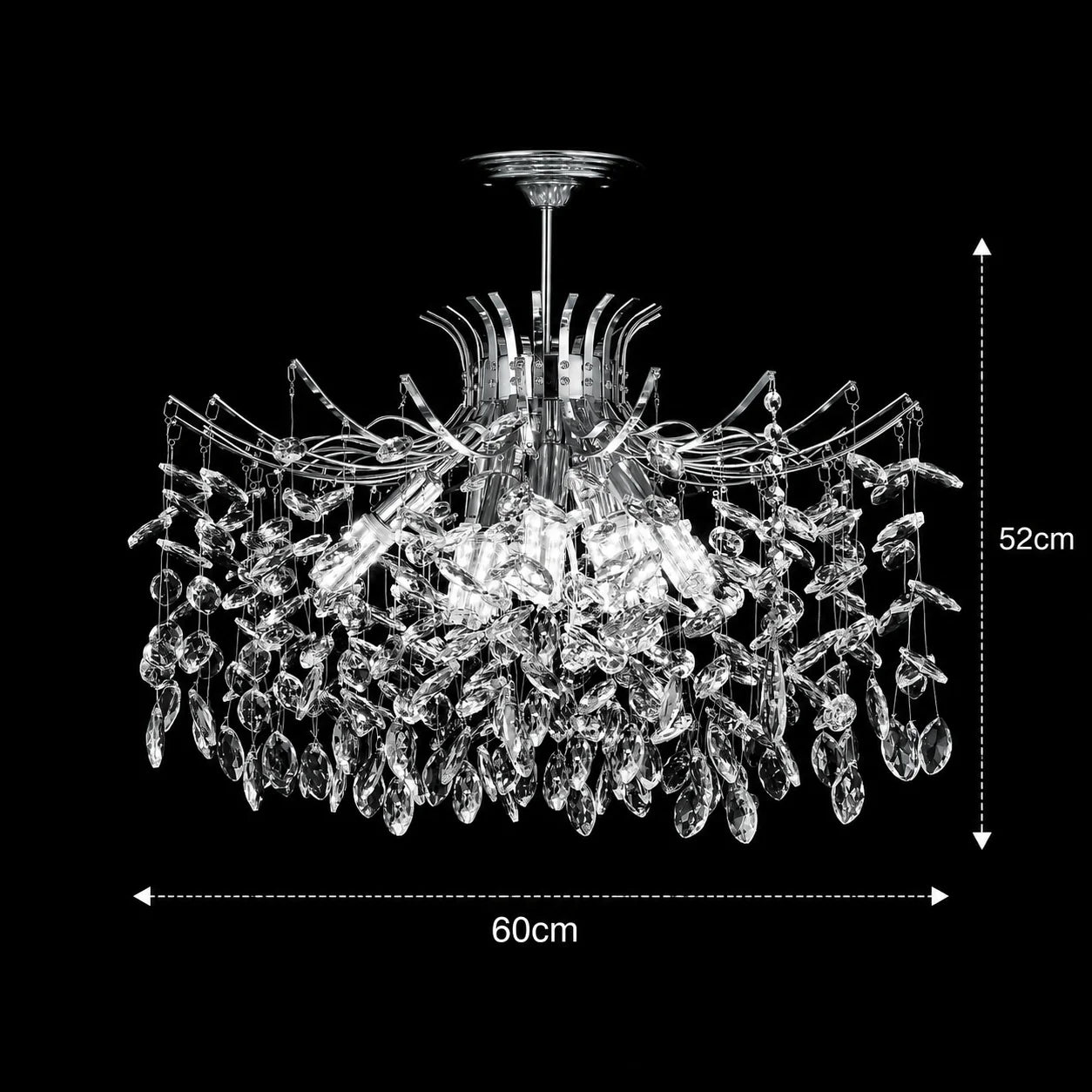 Candelabru Cristal PROWES Magno, 10xE14, D60 cm, Crom Lucios, Inaltime Reglabila, Metal si Cristal