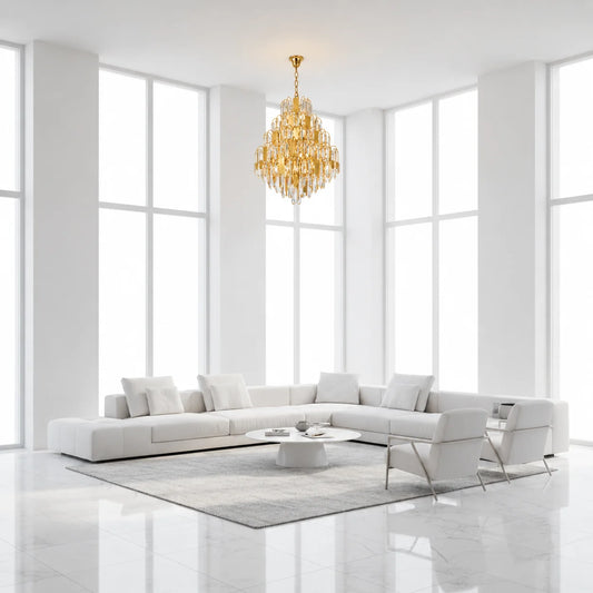 Candelabru Cristal TIER Magno 13xE14, D60 cm, Auriu, Inaltime Reglabila, Metal si Cristal
