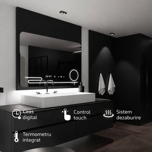 Oglinda LED Rectangulara, 120x80cm, Harmonie MotionGlow Marcello, Sistem Dezaburire, Ceas & Termometru, Lupa Cosmetica, Dimabila