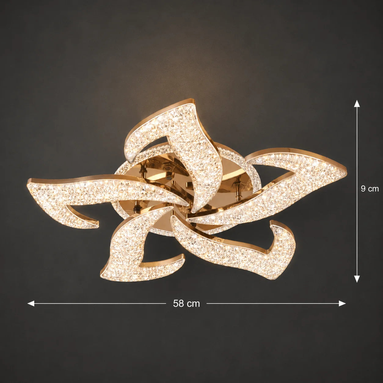 Lustra LED HALESA Magno cu telecomanda si cristal, 66W, 5 Surse, Lumina Rece/Calda/Neutra, Dimabila, Auriu