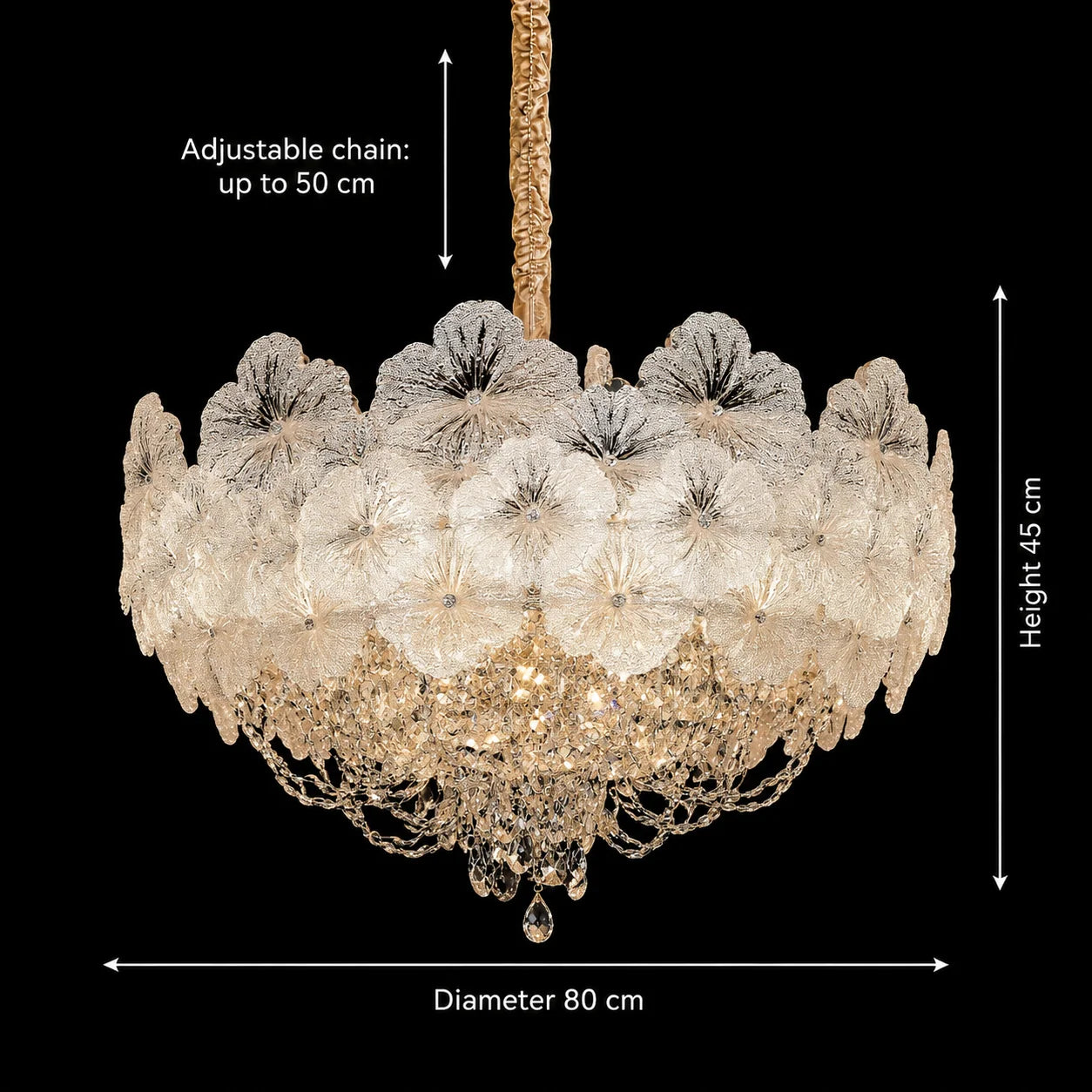 Candelabru Cristal CROWN Regalis 21xE14, Diametru 80cm, Inaltime 45cm, Auriu Lucios, Inaltime Reglabila, Design Elegant