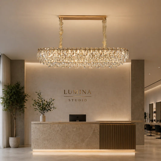 Candelabru Cristal ORION 19xE14, Auriu, Inaltime Reglabila, Metal si Cristal