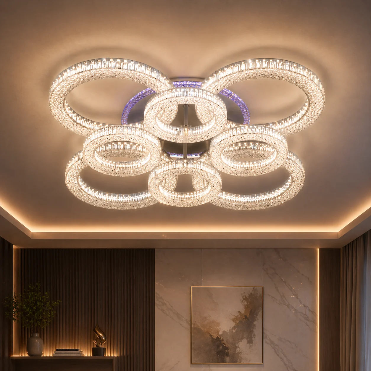 Lustra LED RONDA Regalis cu telecomanda 141W, 8 Cercuri, lumina Rece/Calda/Neutra, Dimabila, Alb