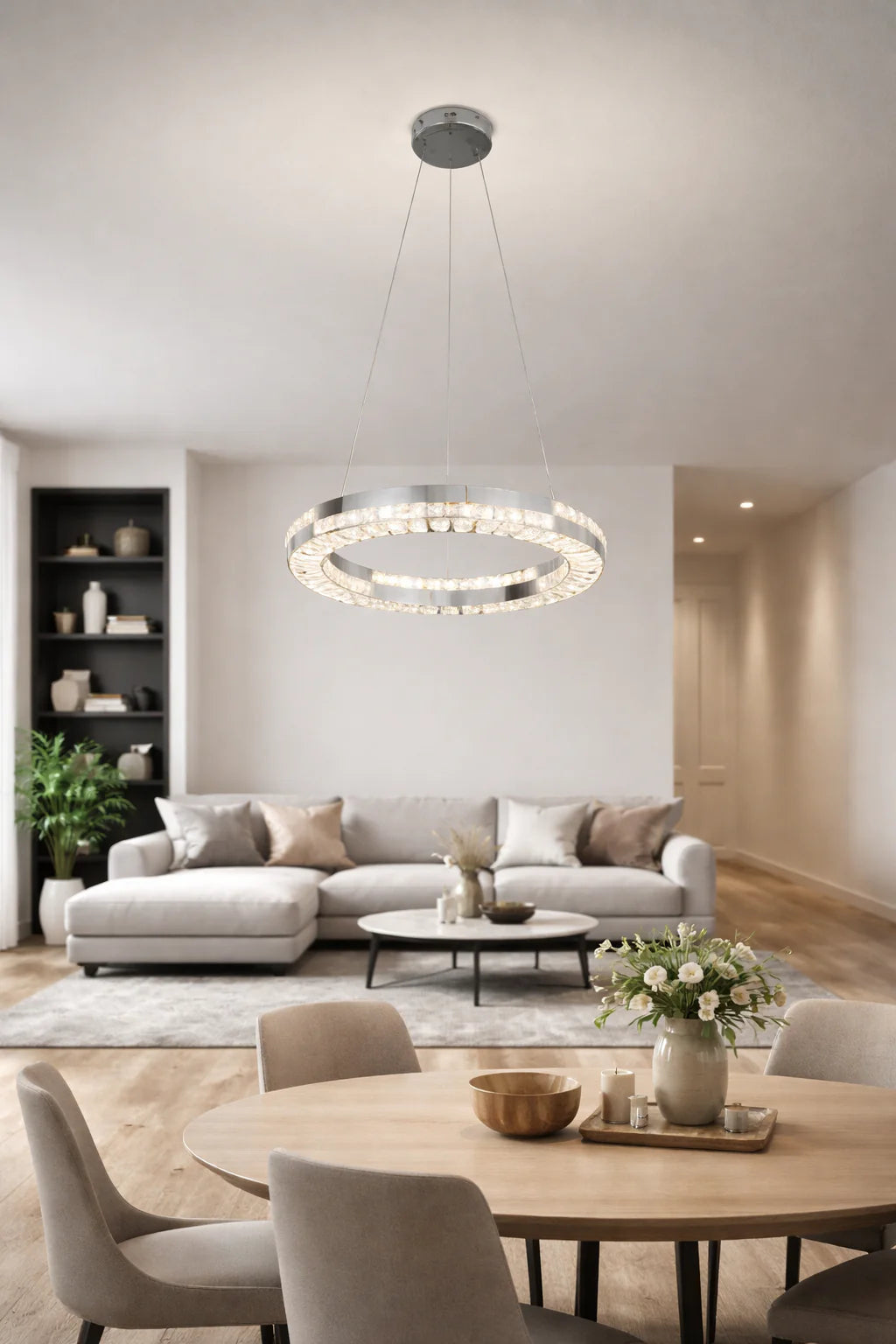 Candelabru LED CC23007/500CH, Diametru 50 cm, Inaltime 120 cm, Lumina Rece/Neutra/Calda, Dimabila, Argintiu, Cristal, Metal