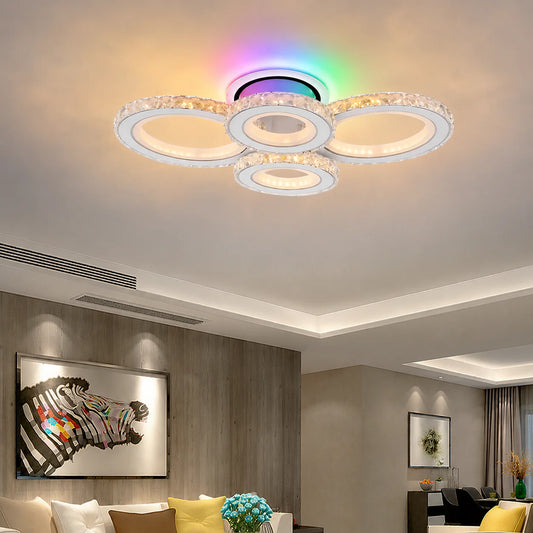 Lustra LED cu telecomanda si cristal NOVA ROTONDA RGB, 86W, 4 Cercuri, lumina Rece/Calda/Neutra, Dimabila, Alb