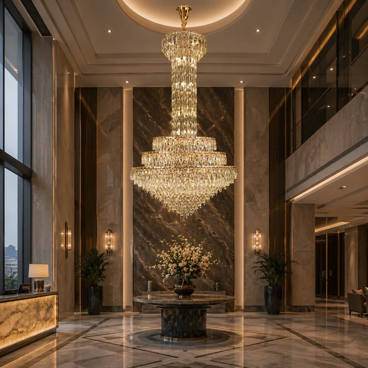 Candelabru Cristal GRAND 87xE14, D138 cm, Auriu, Inaltime Reglabila, Metal si Cristal