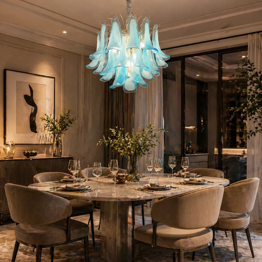 Candelabru Cristal MURANO Eleganza 4xE14, D50 cm, Albastru, Inaltime Reglabila, Metal si Cristal
