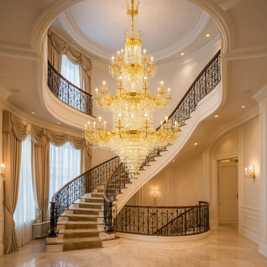 Candelabru Cristal , 54xE14, Diametru 150cm, Inaltime 230cm, Auriu Lucios, Inaltime Reglabila, Design Elegant