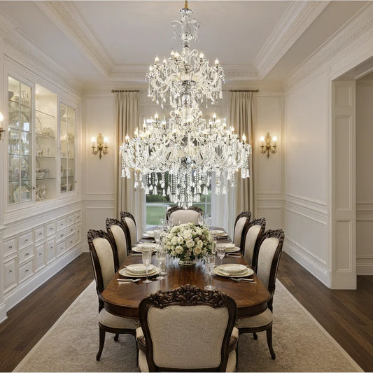 Candelabru Cristal , 55xE14, Diametru 145cm, Inaltime 230cm, Argintiu, Inaltime Reglabila, Design Elegant