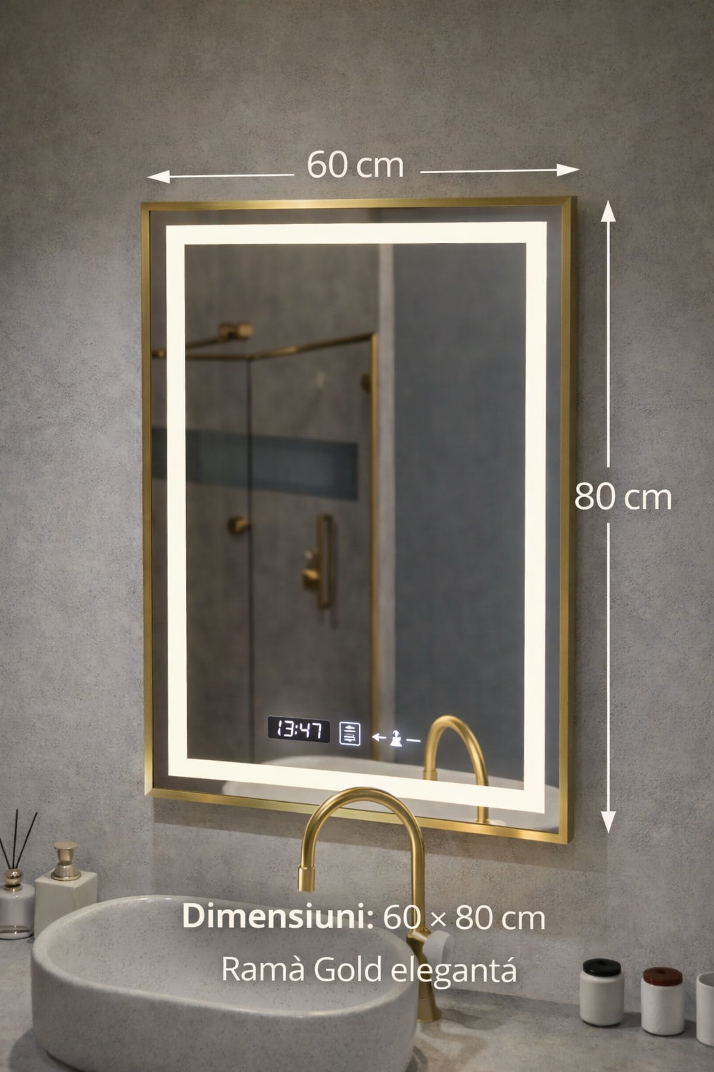 Oglinda LED Rectangulara 60x80 Verite Majeste Noir Motion Glow Marcello, Sistem Dezaburire, Termometru si Ceas, Dimabila