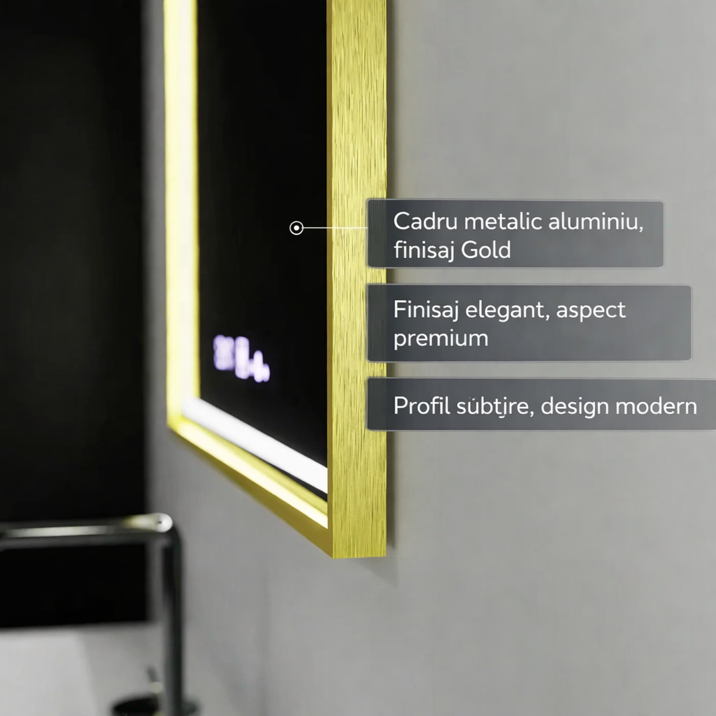 Oglinda LED Rectangulara, 80x60cm, Cristallo MotionGlow Marcello, Sistem Dezaburire, Ceas & Termometru, Dimabila