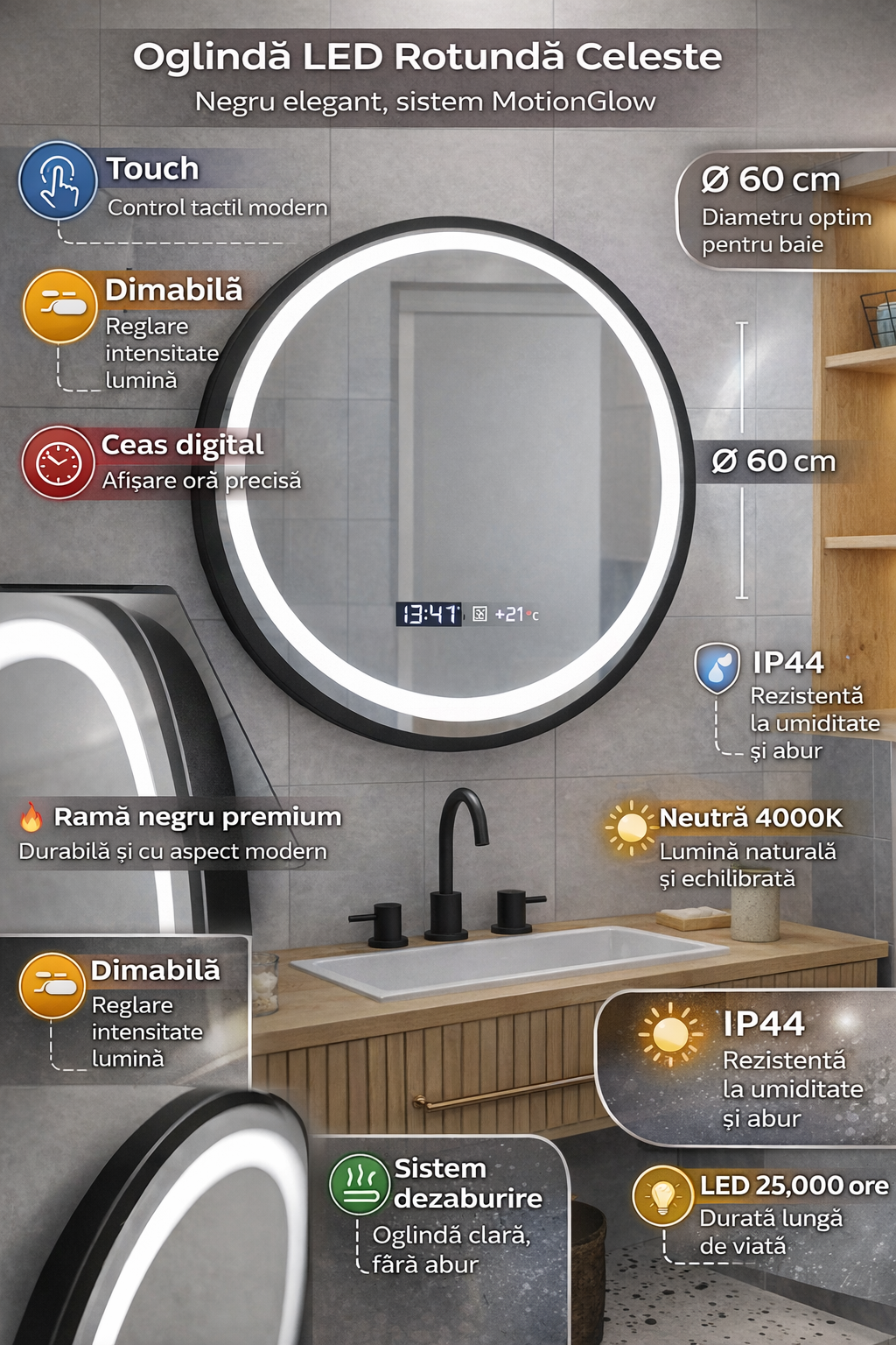 Oglinda LED Rotunda, 60cm, Celeste Majeste Noir MotionGlow Marcello, Sistem Dezaburire, Ceas & Termometru, Dimabila