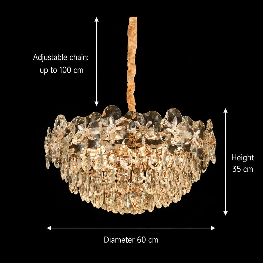 Candelabru Cristal JARDIN Magno 14xE14, Diametru 60cm, Inaltime 35cm, Auriu Lucios, Inaltime Reglabila, Design Elegant