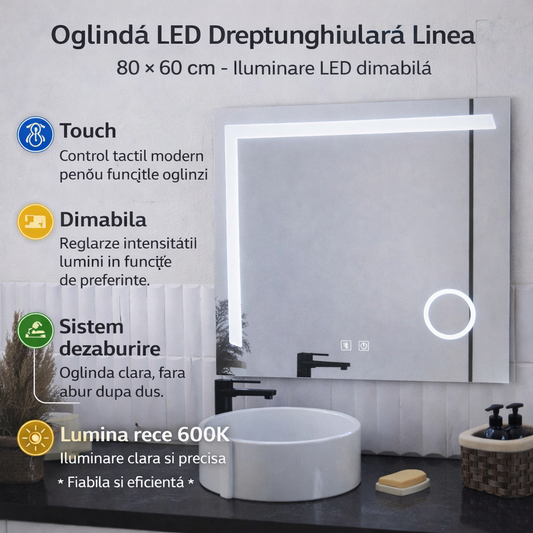 Oglinda LED Rectangulara, 80x60cm, Linea Touch, Sistem Dezaburire, Dimabila