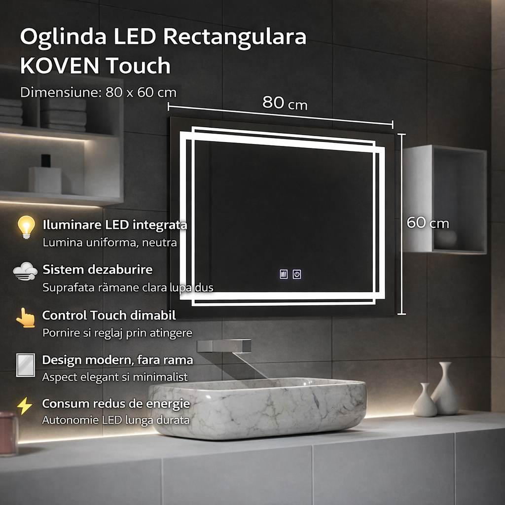 Oglinda LED Rectangulara, 80x60cm, KOVEN Touch, Sistem Dezaburire,Dimabila