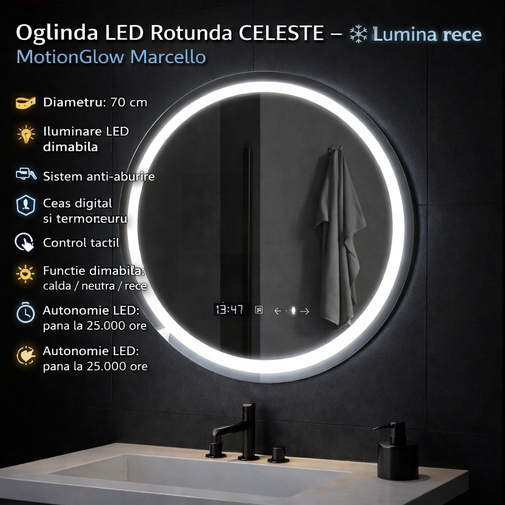 Oglinda LED Rotunda 70 Celeste MotionGlow Marcello, Sistem Dezaburire, Termometru si Ceas, Dimabila