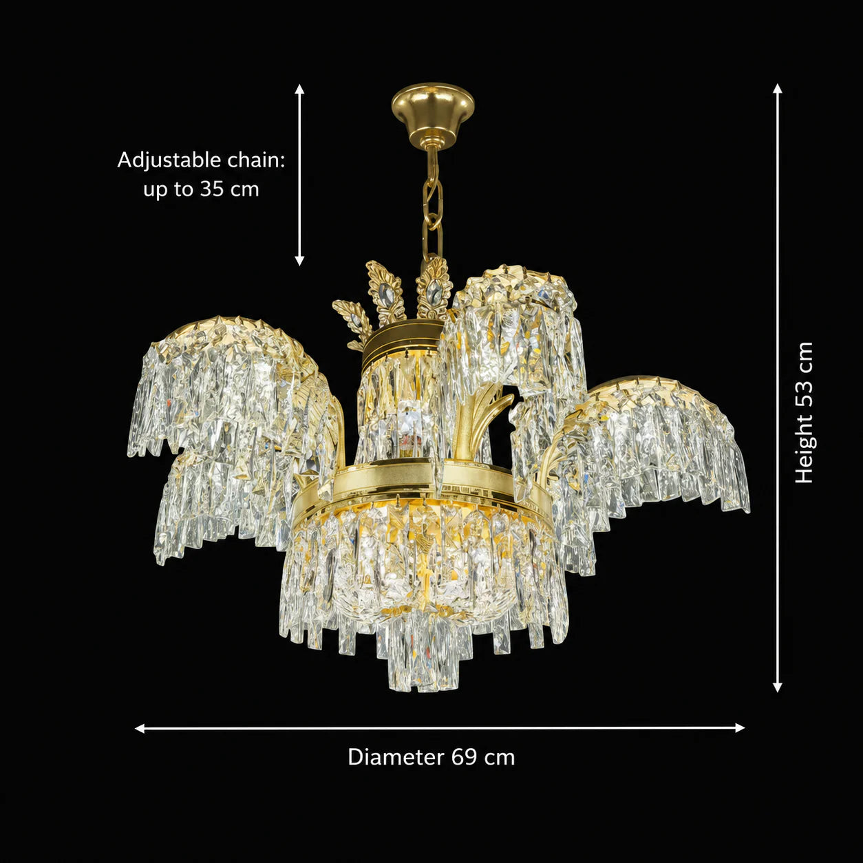 Candelabru Cristal PALACE, 6 brate, 12xG9, D69cm, Auriu Lucios, Inaltime Reglabila, Metal si Cristal