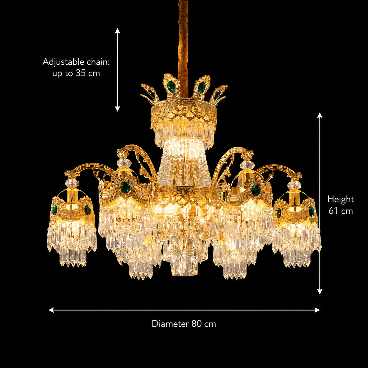 Candelabru Cristal 13xE14, D80cm, Auriu Lucios, Inaltime Reglabila, Metal si Cristal