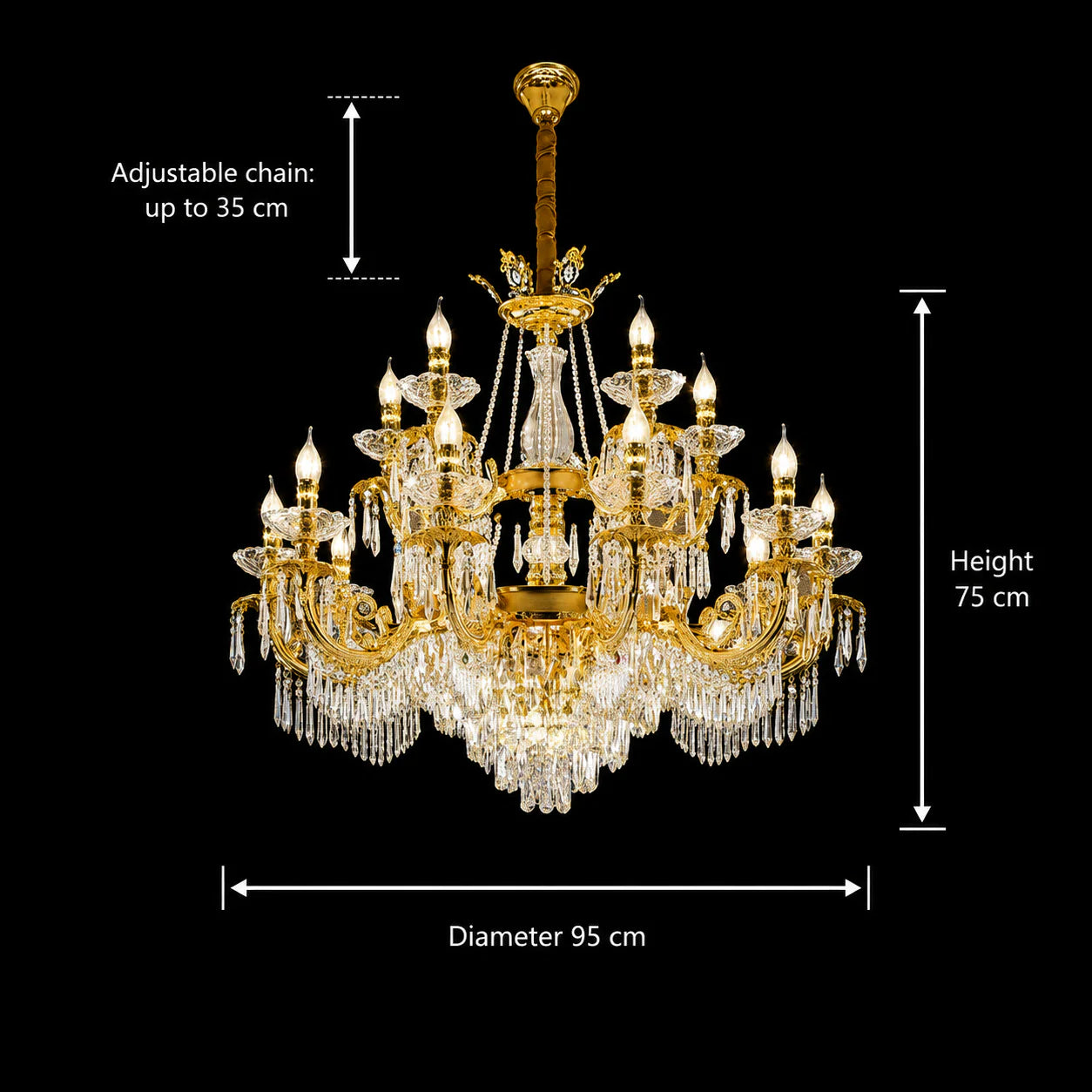 Candelabru Cristal 19xE14, D95cm, Auriu Lucios, Inaltime Reglabila, Metal si Cristal