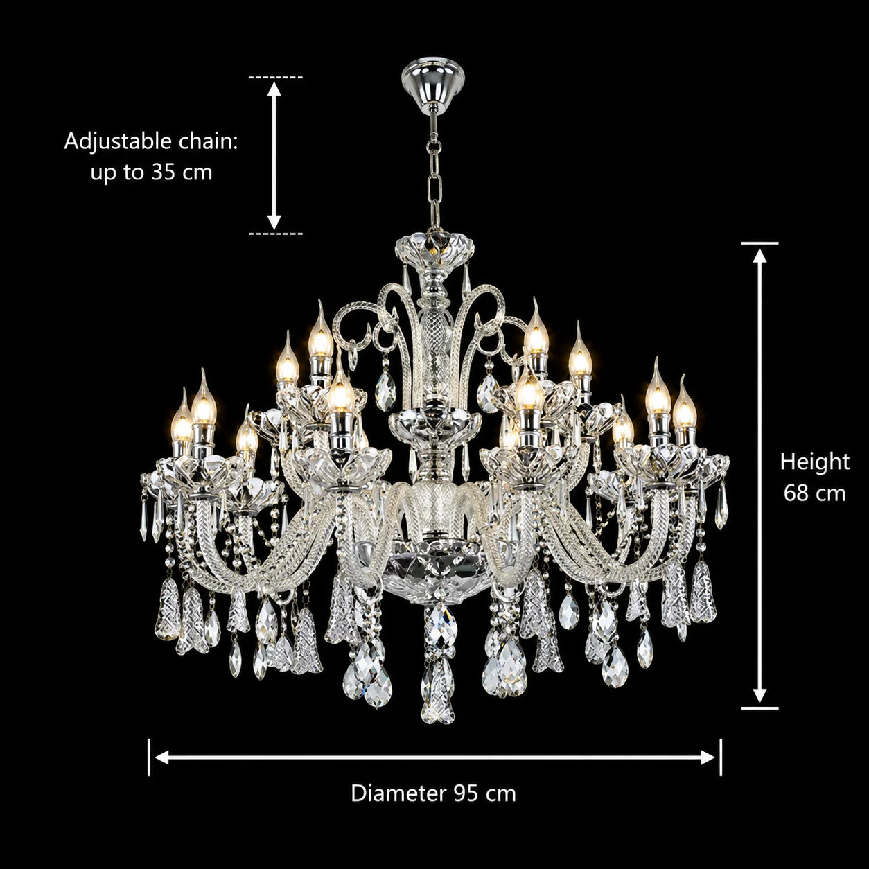 Candelabru Cristal 15xE14, D95cm, Argintiu, Inaltime Reglabila, Metal si Cristal