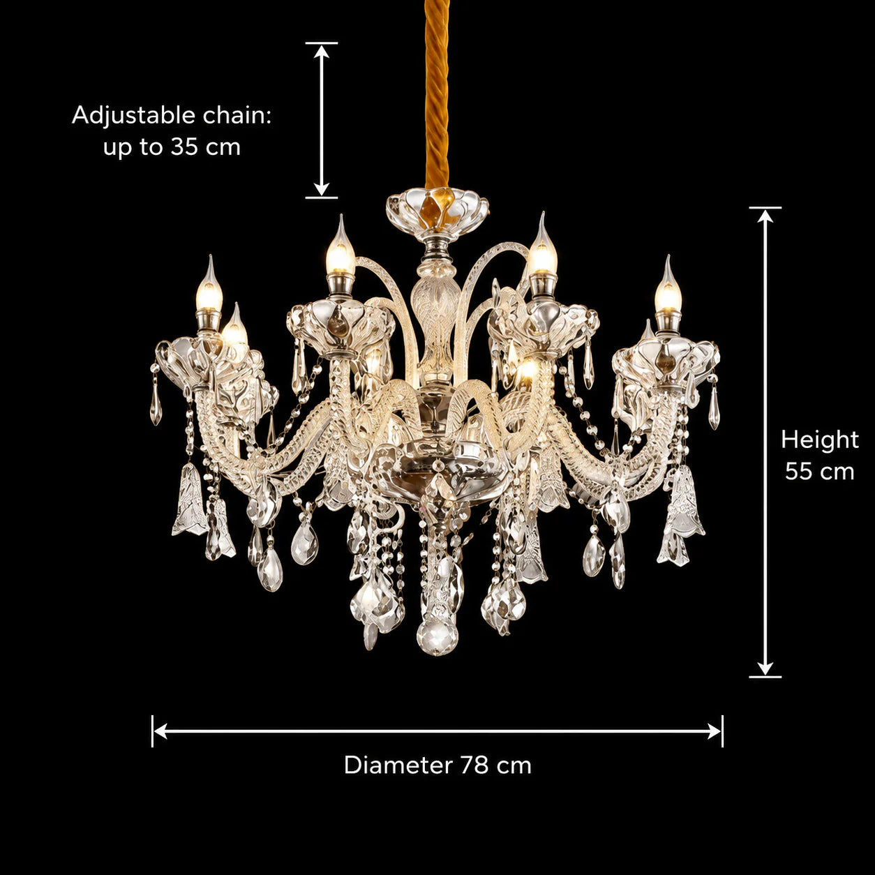 Candelabru Cristal 8xE14, D78cm, Argintiu, Inaltime Reglabila, Metal si Cristal