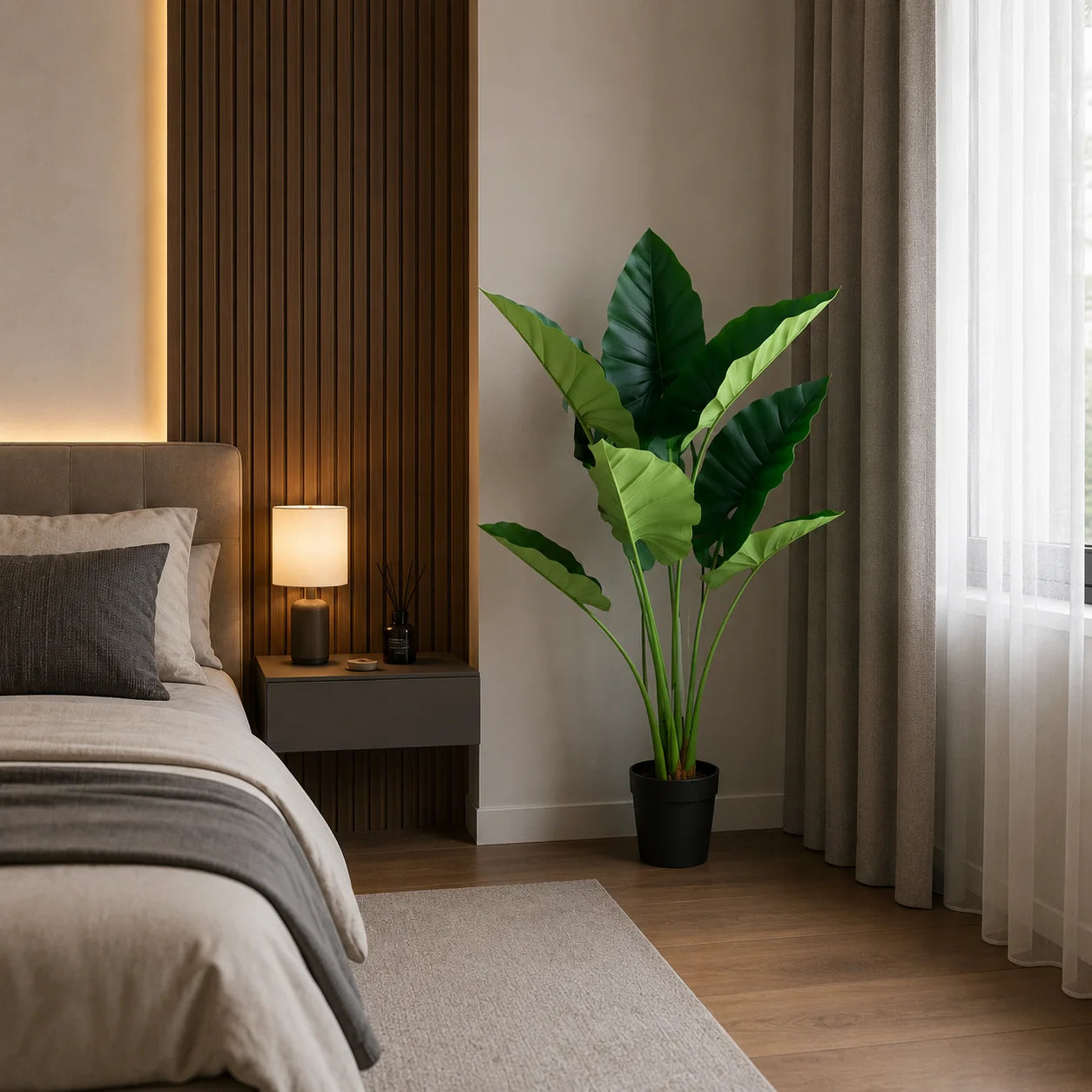 Decoratiune Alocasia, 10 frunze, Plastic, 120 cm, Verde