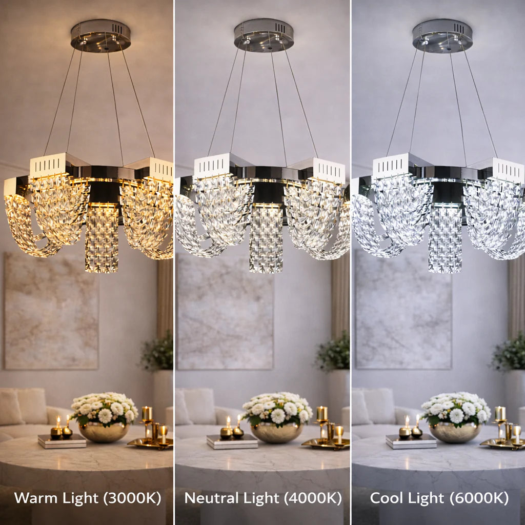 Candelabru Cristal LED 30W, CC370/500CH, Diametru 49cm, Crom Lucios, Inaltime Reglabila