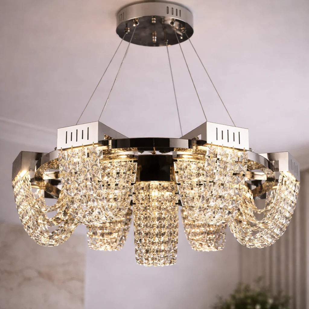 Candelabru Cristal LED 24W, STRATUS Regalis, Diametru 80cm, Crom Lucios, Inaltime Reglabila, Lumina Calda Neutra Rece 3000K/4000K/6000K, Metal si Cristal
