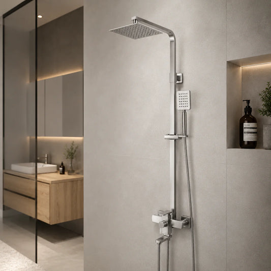 SET Coloana de dus cu baterie, Inox, para patrata, efect ploaie, 3 functii, montare pe perete, Satinat, Accesorii Incluse, LY005