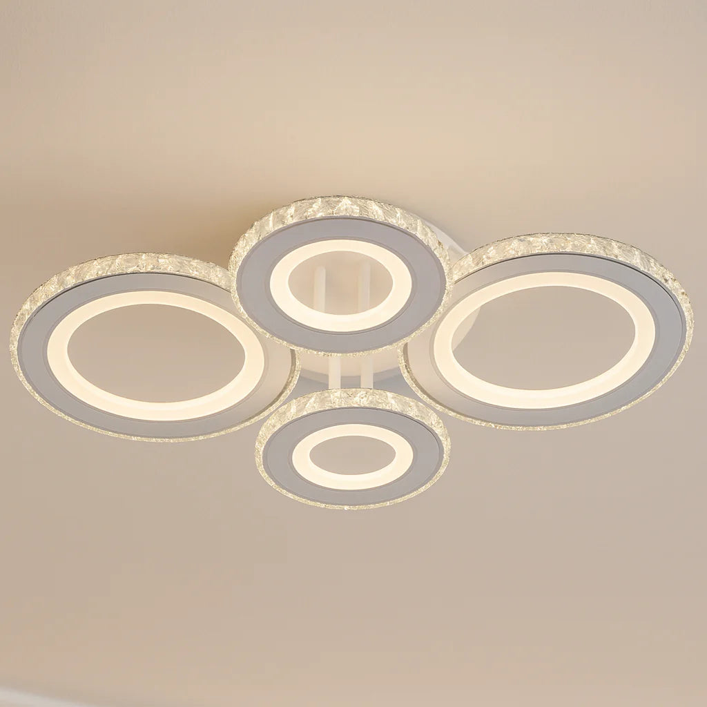 Lustra LED cu telecomanda si cristal NOVA ROTONDA RGB, 86W, 4 Cercuri, lumina Rece/Calda/Neutra, Dimabila, Alb