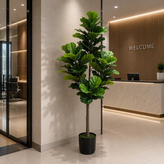 Decoratiune Ficus Lyrata, Plastic, 3 brate, 160 cm, Verde